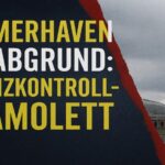 Ein modernes Gebäude in Bremerhaven mit dem Schriftzug 'Bremerhaven am Abgrund: Finanzkontrolldramolett' im Vordergrund.