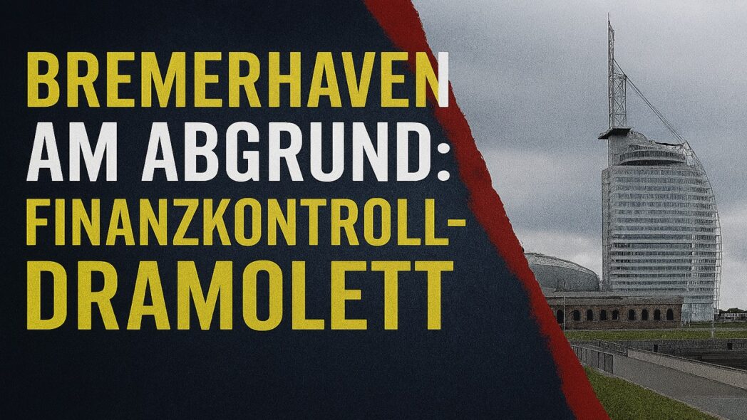 Ein modernes Gebäude in Bremerhaven mit dem Schriftzug 'Bremerhaven am Abgrund: Finanzkontrolldramolett' im Vordergrund.
