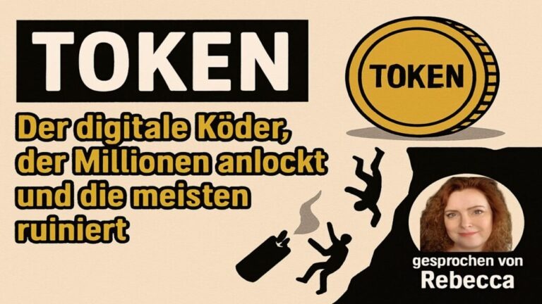 Grafik mit dem Wort 'TOKEN' und einer goldenen Münze, die den digitalen Koder darstellt, der Millionen anzieht und viele ruiniert. Sprecherin Rebecca.