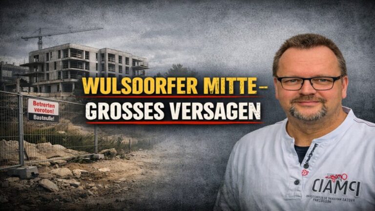 Mit grauem Brachgelände, Baustelle und dem Schriftzug „WULSDORFER MITTE – GROSSES VERSAGEN“ vor Dieckell in Bremerhaven von der Stadt.